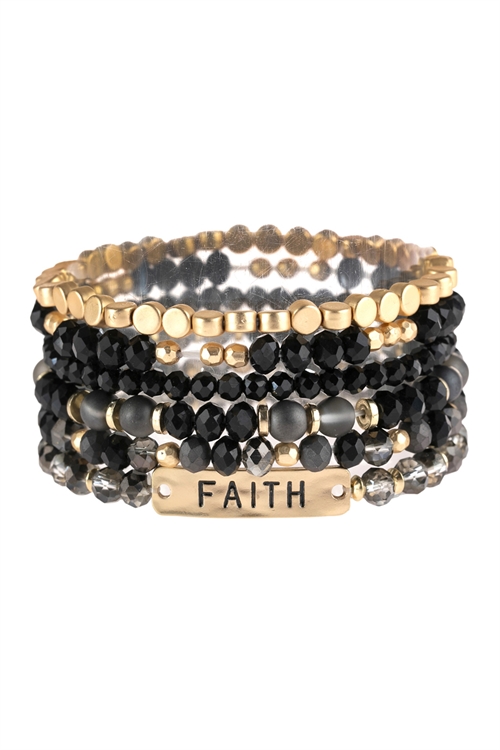 S21-8-1-HDB2743BK BLACK FAITH CHARM MIXED BEADS BRACELET/6PCS