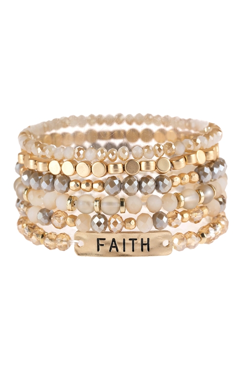 S21-8-1-HDB2743LBR LIGHT BROWN FAITH CHARM MIXED BEADS BRACELET/6PCS