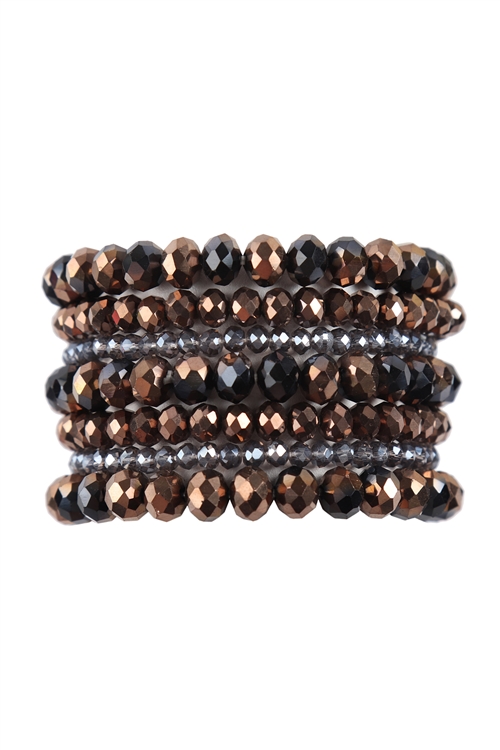 S22-10-1-HDB2750BKBR BLACK BROWN SEVEN LINES GLASS BEADS STRETCH BRACELET/6PCS