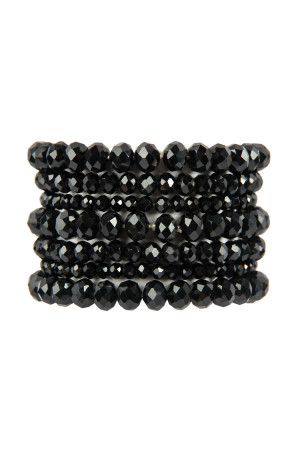 S18-8-1-HDB2750JT JET BLACK SEVEN LINES GLASS BEADS STRETCH BRACELET/6PCS