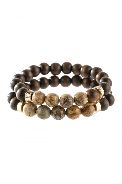 A3-1-4-HDB2782LCT LIGHT BROWN 2 LINE NATURAL STONE AND WOOD BEADS BRACELET/6PCS