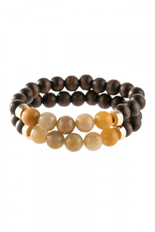 A2-2-4-HDB2782MU MUSTARD 2 LINE NATURAL STONE AND WOOD BEADS BRACELET/6PCS