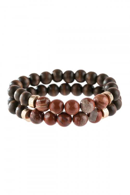 A3-1-4-HDB2782RD RED 2 LINE NATURAL STONE AND WOOD BEADS BRACELET/6PCS