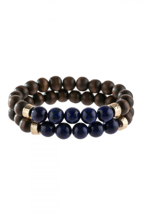 A3-1-4-HDB2782SP SAPPHIRE 2 LINE NATURAL STONE AND WOOD BEADS BRACELET/6PCS