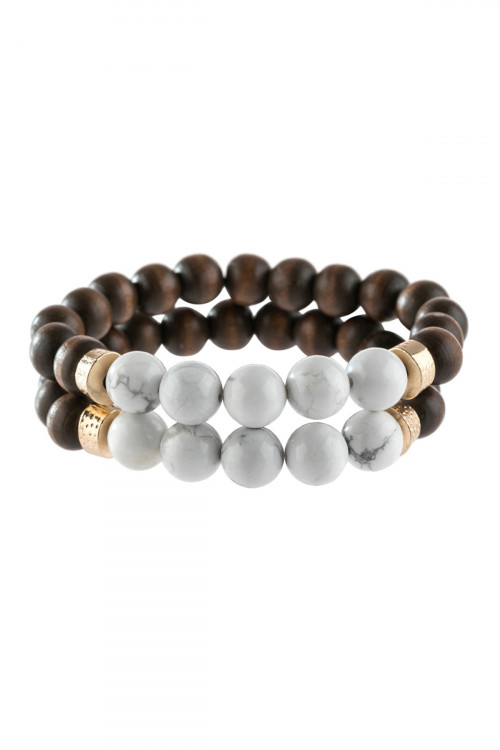 A2-2-2-HDB2782WT WHITE 2 SET NATURAL STONE AND WOOD BEADS BRACELET/6PCS