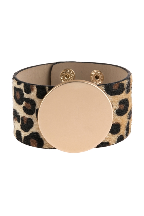 A1-1-4-HDB2805LBR LIGHT BROWN LEOPARD PRINT LEATHER BRACELET WITH METAL DISC/6PCS