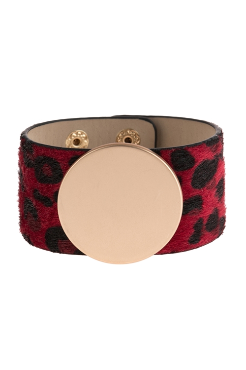 A1-1-4-HDB2805RD RED LEOPARD PRINT LEATHER BRACELET WITH METAL DISC/6PCS