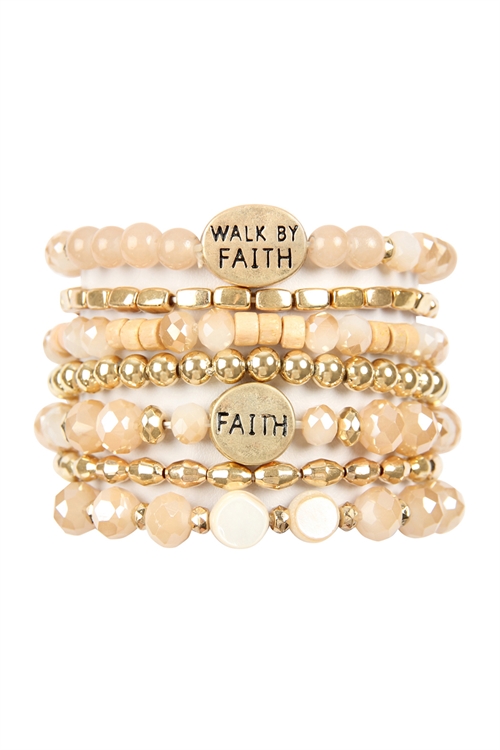 S23-4-1-HDB2833LBR LIGHT BROWN WALK BY FAITH CHARM MIX BEADS BRACELET/1PC