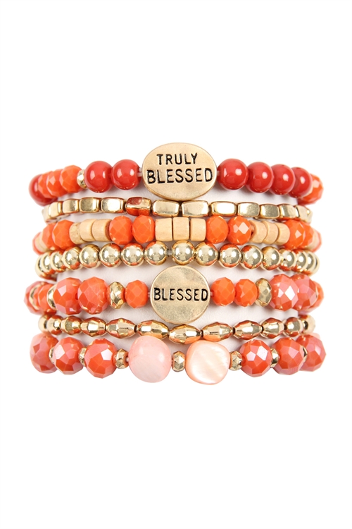 S25-4-2-HDB2834CO CORAL TRULY BLESSED CHARM MIX BEADS BRACELET/6PCS