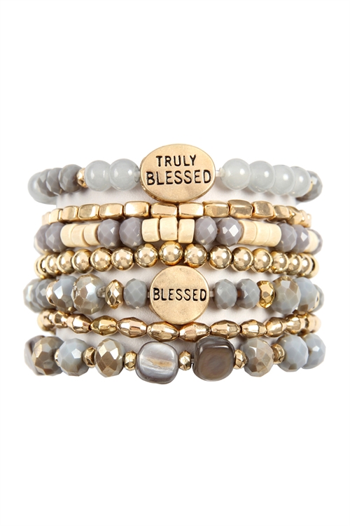 S25-4-2-HDB2834GY GRAY TRULY BLESSED CHARM MIX BEADS BRACELET/6PCS