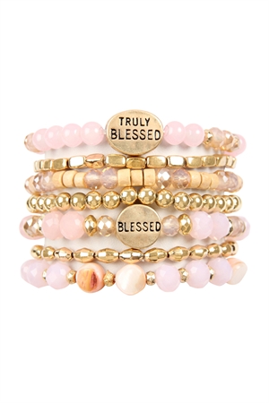 S25-4-2-HDB2834PK PINK TRULY BLESSED CHARM MIX BEADS BRACELET/6PCS