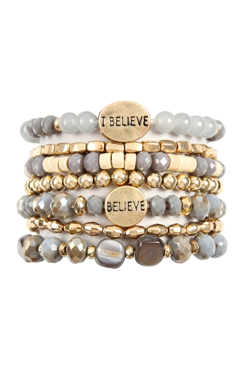 S23-3-1-HDB2852GY GRAY I BELIEVE CHARM MIX BEADS BRACELET/6PCS