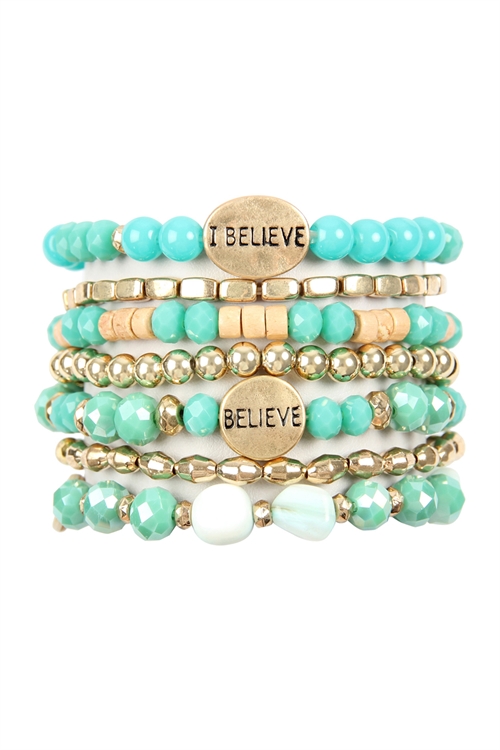 S23-3-1-HDB2852TQ TURQUOISE I BELIEVE CHARM MIX BEADS BRACELET/6PCS