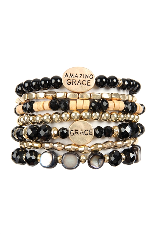 S6-4-1-HDB2853BK BLACK AMAZING GRACE CHARM MIX BEADS BRACELET/6PCS