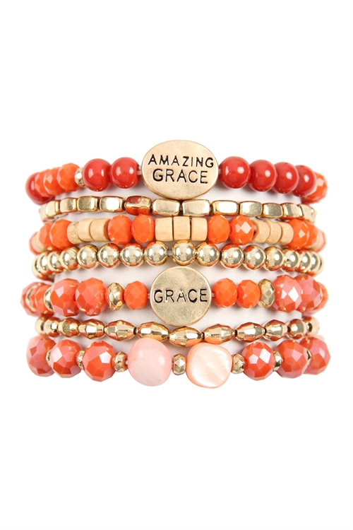 S23-4-1-HDB2853CO CORAL AMAZING GRACE CHARM MIX BEADS BRACELET/6PCS