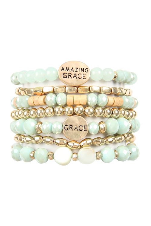 S23-4-1-HDB2853MN MINT AMAZING GRACE CHARM MIX BEADS BRACELET/6PCS