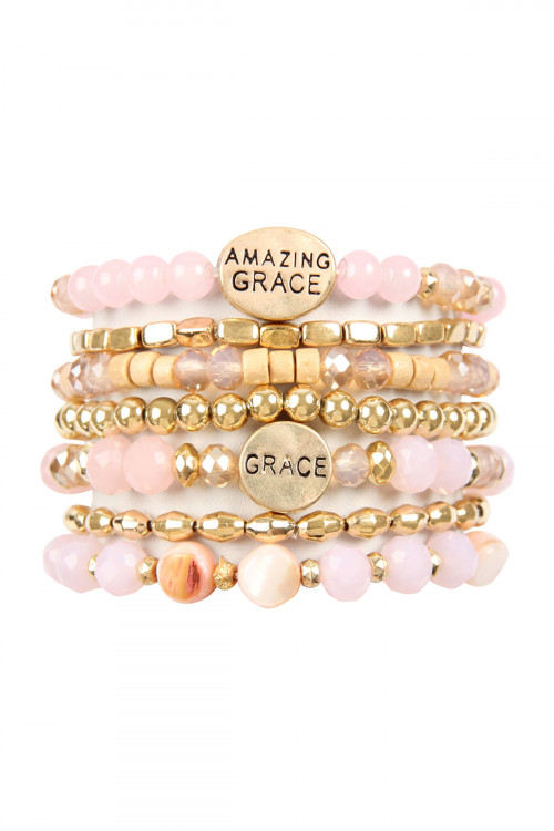 S23-4-1-HDB2853PK PINK AMAZING GRACE CHARM MIX BEADS BRACELET/6PCS