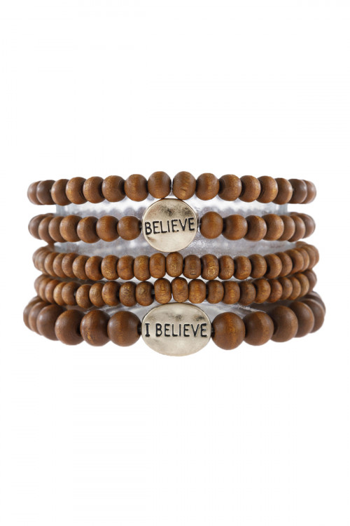 S25-3-4-HDB2942AS BROWN "BELIEVE" WOOD STACKABLE BEADED BRACELET/6PCS