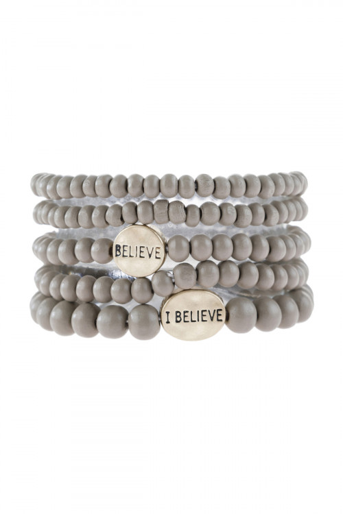 S25-3-4-HDB2942GY GRAY "BELIEVE" WOOD STACKABLE BEADED BRACELET/6PCS