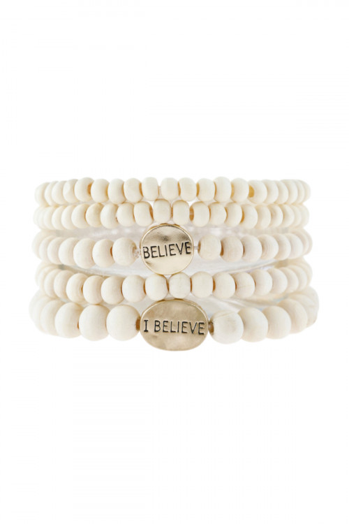 S25-3-4-HDB2942IV IVORY "BELIEVE" WOOD STACKABLE BEADED BRACELET/6PCS