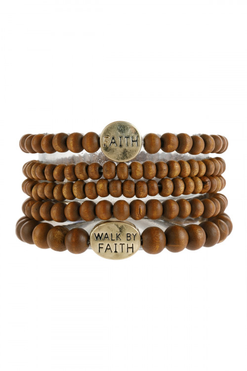 S5-6-5-HDB2943AS BROWN "FAITH" WOOD STACKABLE BEADED BRACELET/6PCS