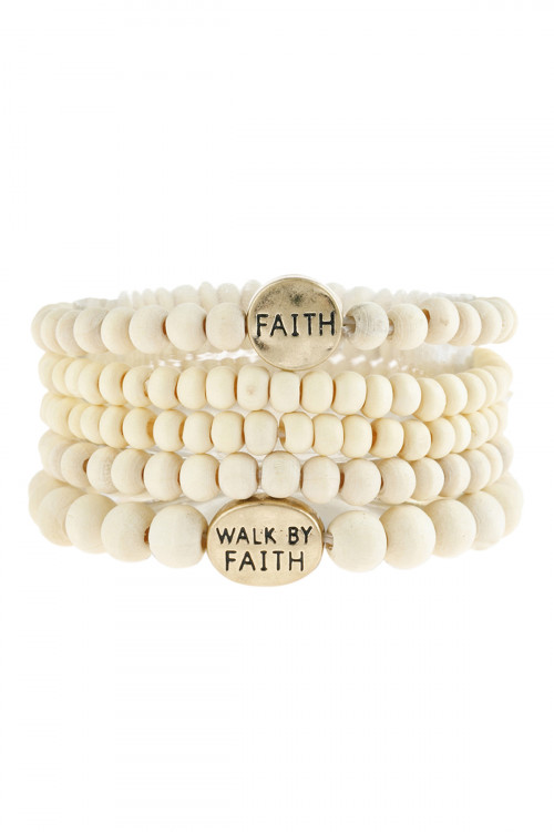 S25-6-2-HDB2943IV IVORY "FAITH" WOOD STACKABLE BEADED BRACELET/6PCS