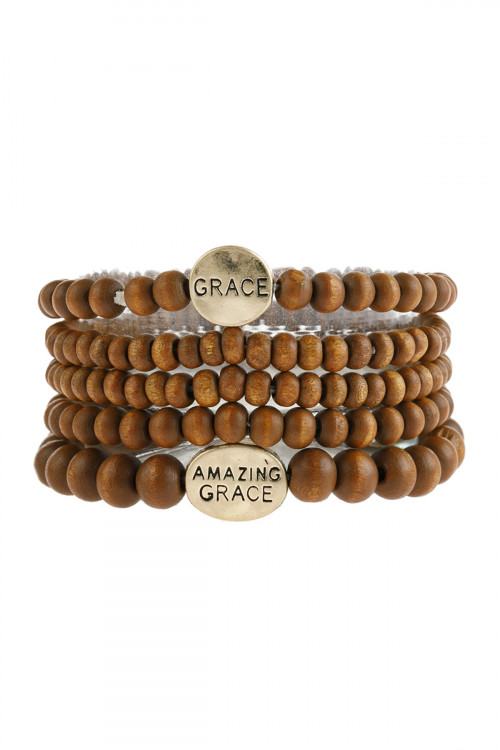 S25-6-2-HDB2944AS BROWN "GRACE" WOOD STACKABLE BEADED BRACELET/6PCS