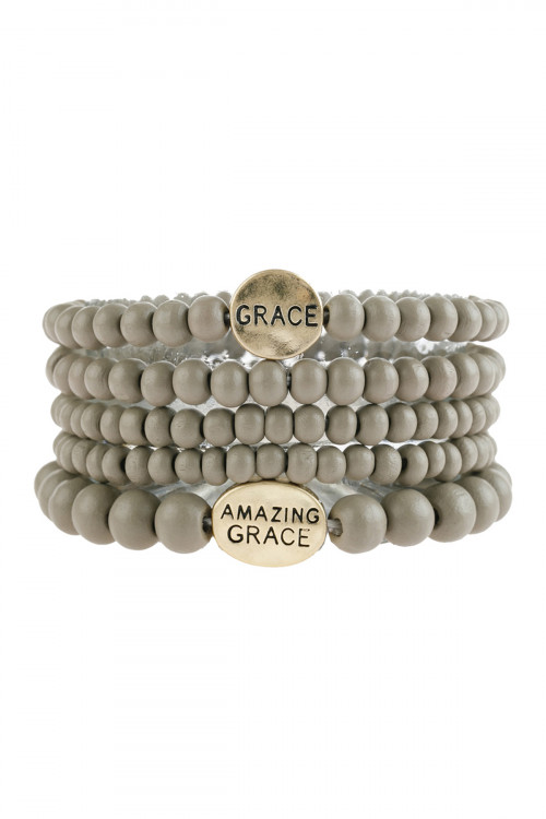 S25-6-2-HDB2944GY GRAY "GRACE" WOOD STACKABLE BEADED BRACELET/6PCS