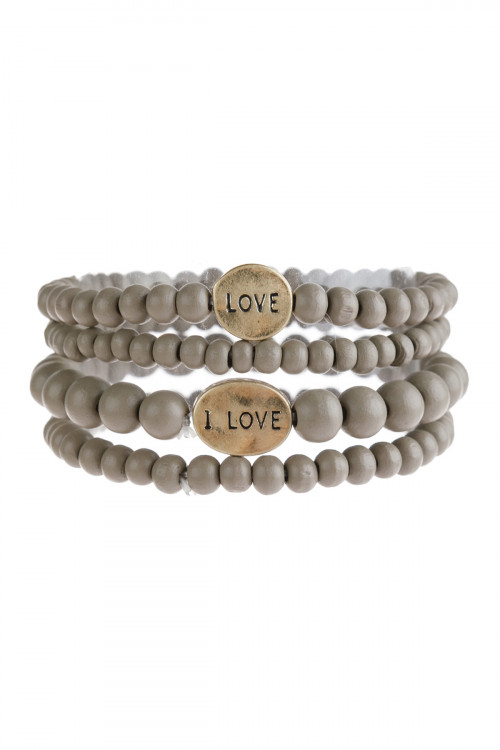 S25-4-4-HDB2945GY GRAY "LOVE" WOOD STACKABLE BEADED BRACELET/6PCS