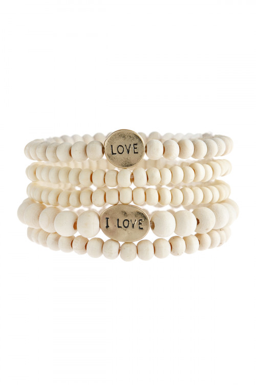 S25-4-4-HDB2945IV IVORY "LOVE" WOOD STACKABLE BEADED BRACELET/6PCS