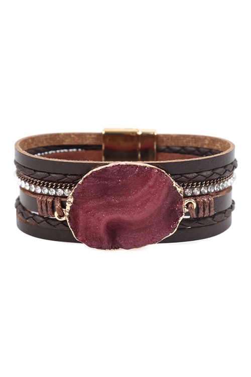 S23-8-2-HDB2975BR BROWN LARGE SEMI STONE LEATHER WRAP BRACELET/6PCS