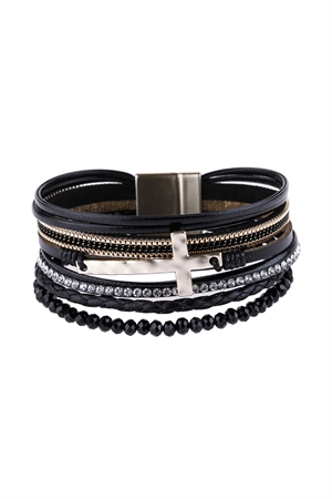 S23-8-2-HDB2976BK BLACK CROSS LEATHER WRAP GLASS BEADS MAGNETIC BRACELET/6PCS