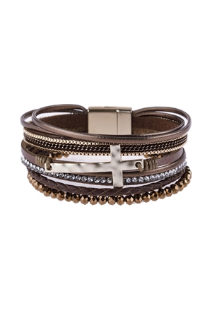 S23-8-2-HDB2976BR BROWN CROSS LEATHER WRAP GLASS BEADS MAGNETIC BRACELET/6PCS