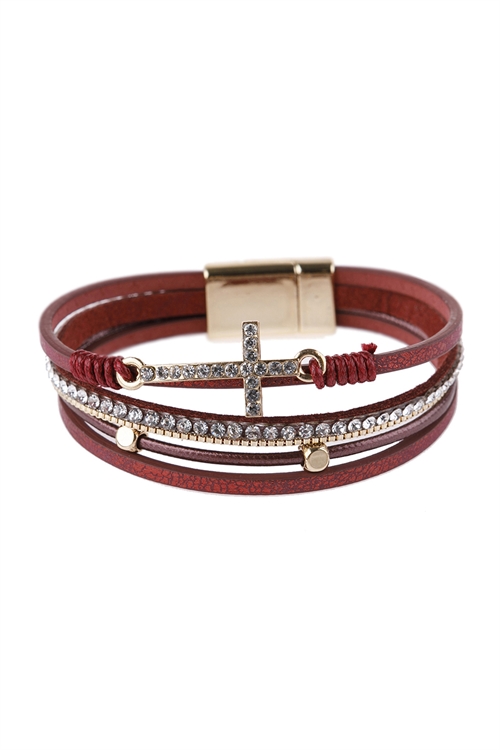 A3-1-5-HDB2978BU BURGUNDY CROSS CHARM LEATHER BRACELET/6PCS