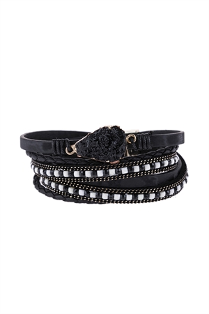 S23-7-2-HDB2981BK BLACK DRUZY STONE LEATHER WRAP MAGNETIC BRACELET/6PCS (NOW $2.75 ONLY!)