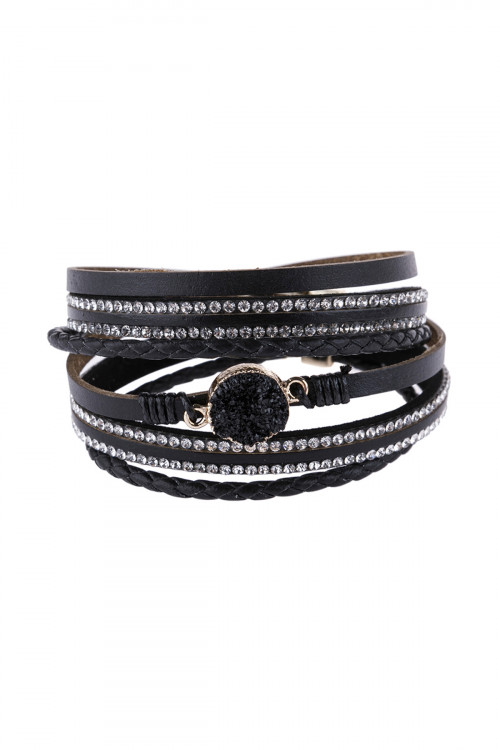 S25-6-2-HDB2983BK BLACK DRUZY RHINESTONE LEATHER WRAP MAGNETIC BRACELET/6PCS