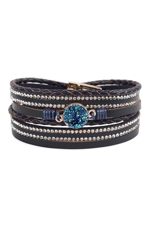 S25-6-2-HDB2983NV NAVY DRUZY RHINESTONE LEATHER WRAP MAGNETIC BRACELET/6PCS