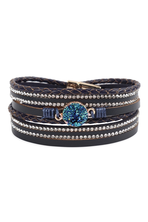 S25-6-2-HDB2983NV NAVY DRUZY RHINESTONE LEATHER WRAP MAGNETIC BRACELET/6PCS