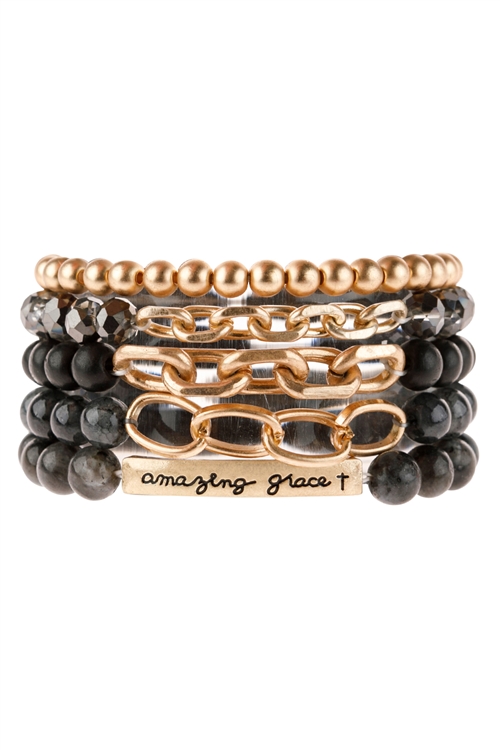 S20-4-1-HDB2995BK-AMAZING GRACE CHARM MULTILINE BEADED BRACELET-BLACK/6PCS