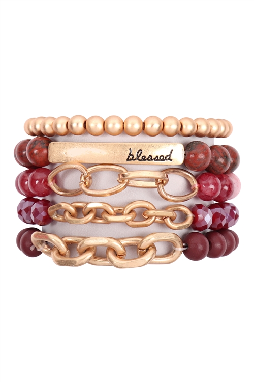 A1-1-1-HDB2996BU -BLESSED CHARM MULTILINE BEADED BRACELET-BURGUNDY/6PCS