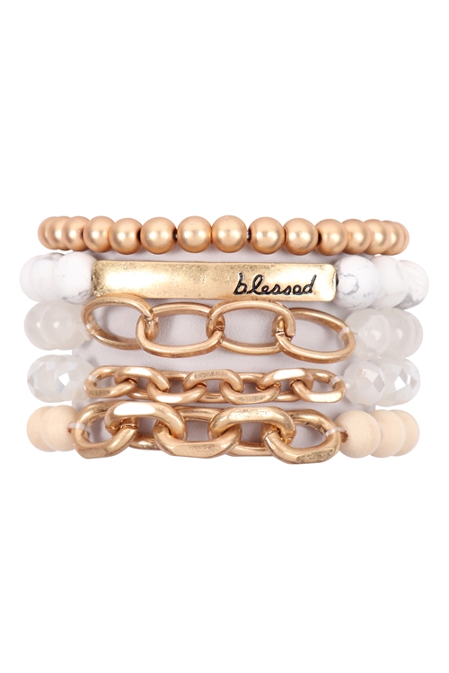 A1-1-1-HDB2996WT - BLESSED CHARM MULTILINE BEADED BRACELET-WHITE/6PCS