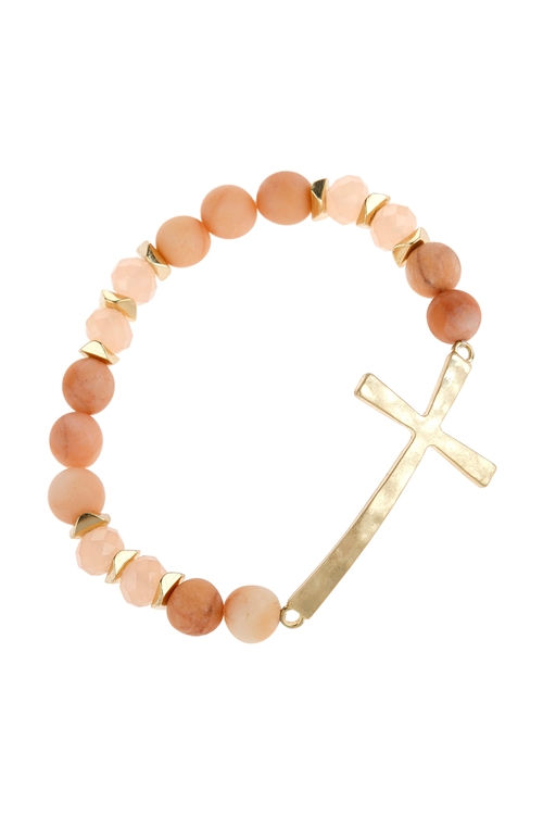 S21-7-5-HDB2998DPK-MIX BEADS HAMMERED CROSS BRACELET-DUSTY PINK/6PCS