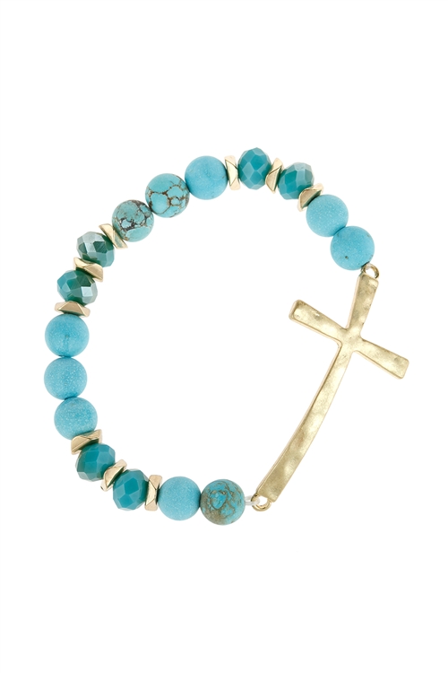 S21-7-5-HDB2998TQ-MIX BEADS HAMMERED CROSS BRACELET-TURQUOISE/6PCS