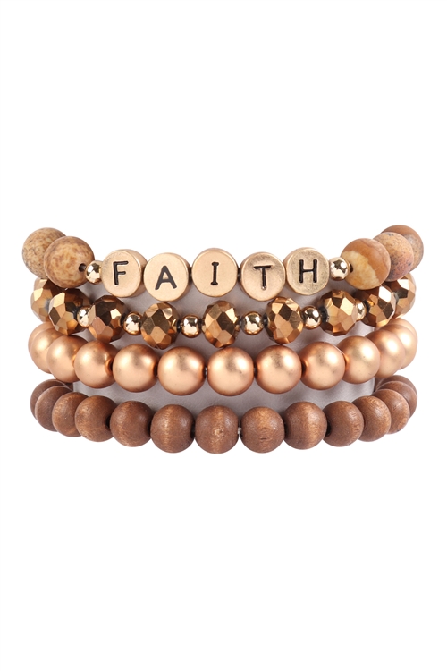 S21-11-2-HDB3025LCT-FAITH CHARM MULTILINE BEADED BRACELET-LIGHT BROWN/6PCS