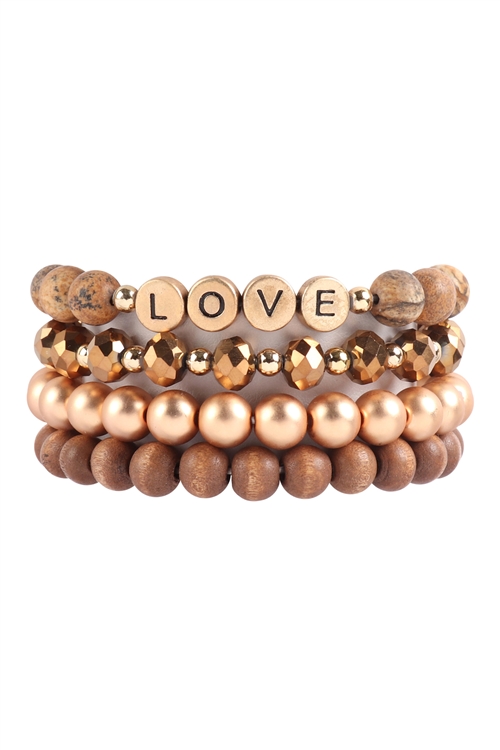 S22-11-1-HDB3027LCT-1- LOVE CHARM MULTILINE BEADED BRACELET-LIGHT BROWN/1PC