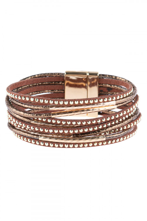 S20-9-1-HDB3067BR-MULTILINE LEATHER MAGNETIC BRACELET-BROWN/6PCS