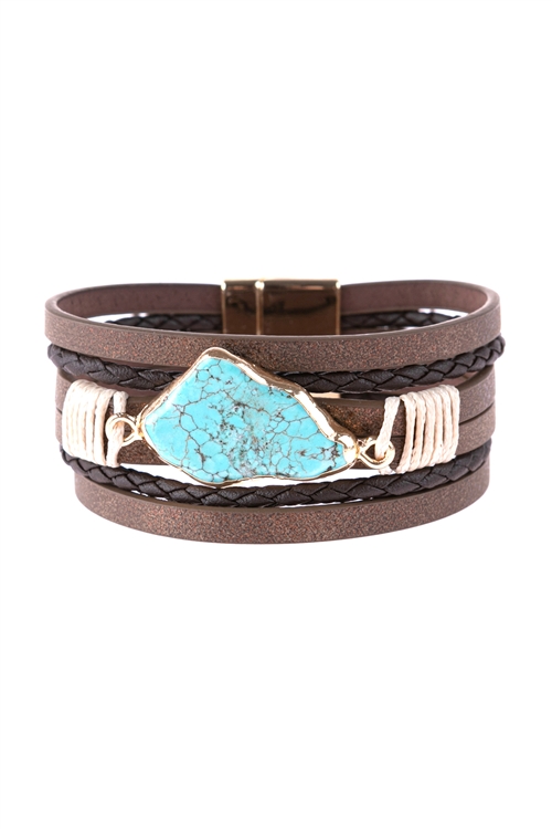 S17-8-4-HDB3125BR-MULTI LINE LEATHER WITH MAGNETIC LOCK  CHARM BRACELET-BROWN/6PCS