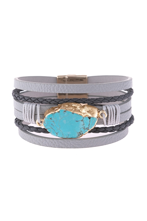 S17-8-4-HDB3125GY-MULTI LINE LEATHER WITH MAGNETIC LOCK  CHARM BRACELET-GRAY/6PCS  (NOW $2.25 ONLY!)