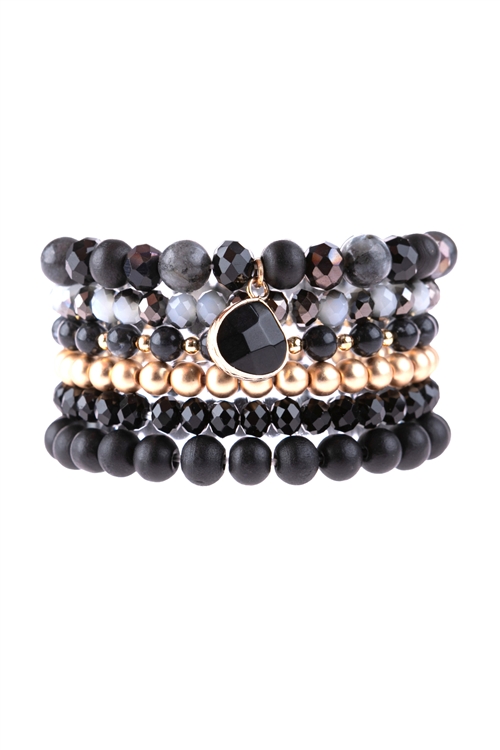 S17-7-2-HDB3126BK-MULTI LINE BEADED BRACELET-BLACK/6PCS