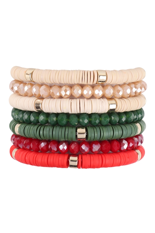 S17-12-3-HDB3128CHR - (CHRISTMAS) MULTI LINE RING BEADED BRACELET - MULTICOLOR/6PCS